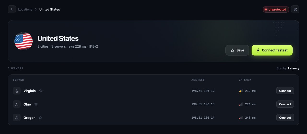 Zentra VPN country view listing servers with measured latency and connect buttons