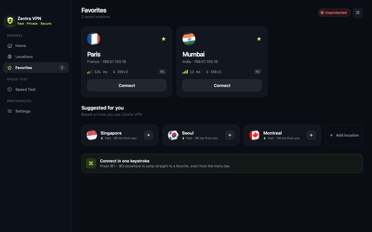 Zentra VPN favorites screen with saved locations and suggested servers