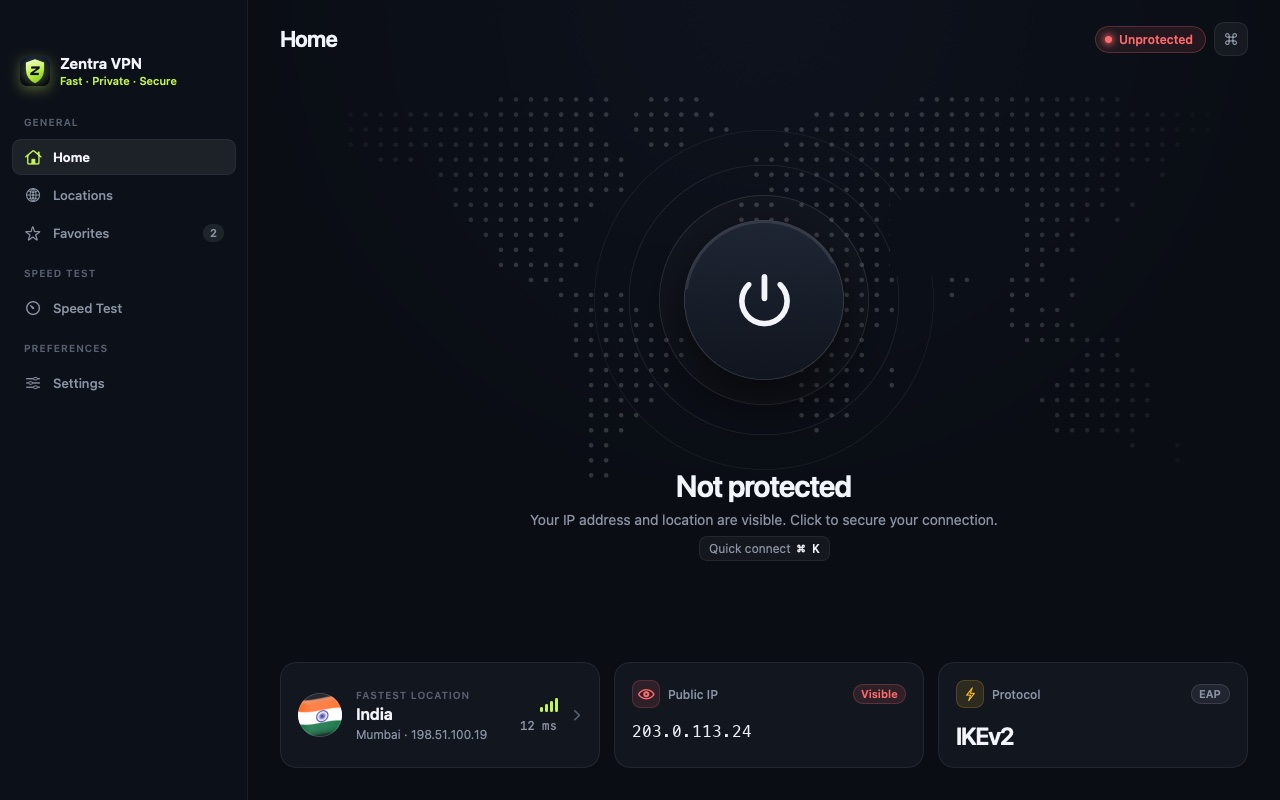 Zentra VPN home screen: large connect button over a world map, fastest location, public IP and protocol cards