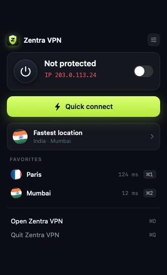 Zentra VPN menu bar popover with quick connect, fastest location and favorites